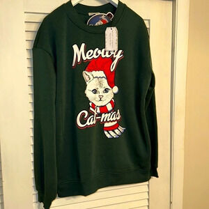 NWT Meowy Cat-mas Green CAT Holiday Christmas Long sleeve Sweatshirt ASST SIZES